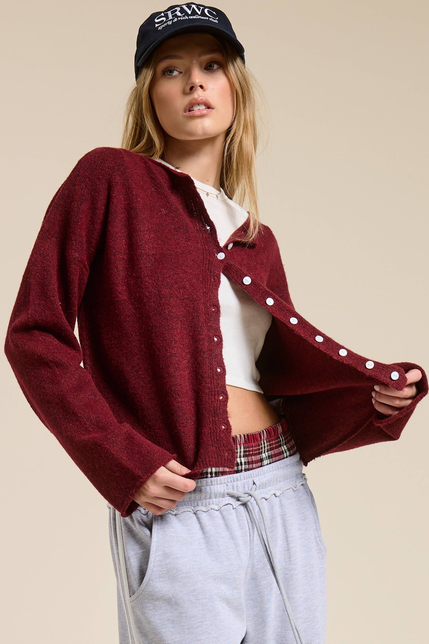 Essential Button Down Cardigan Top: Burgundy / S M L