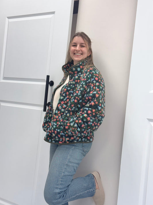 Floral Print Fleece Contrast Trim Jacket