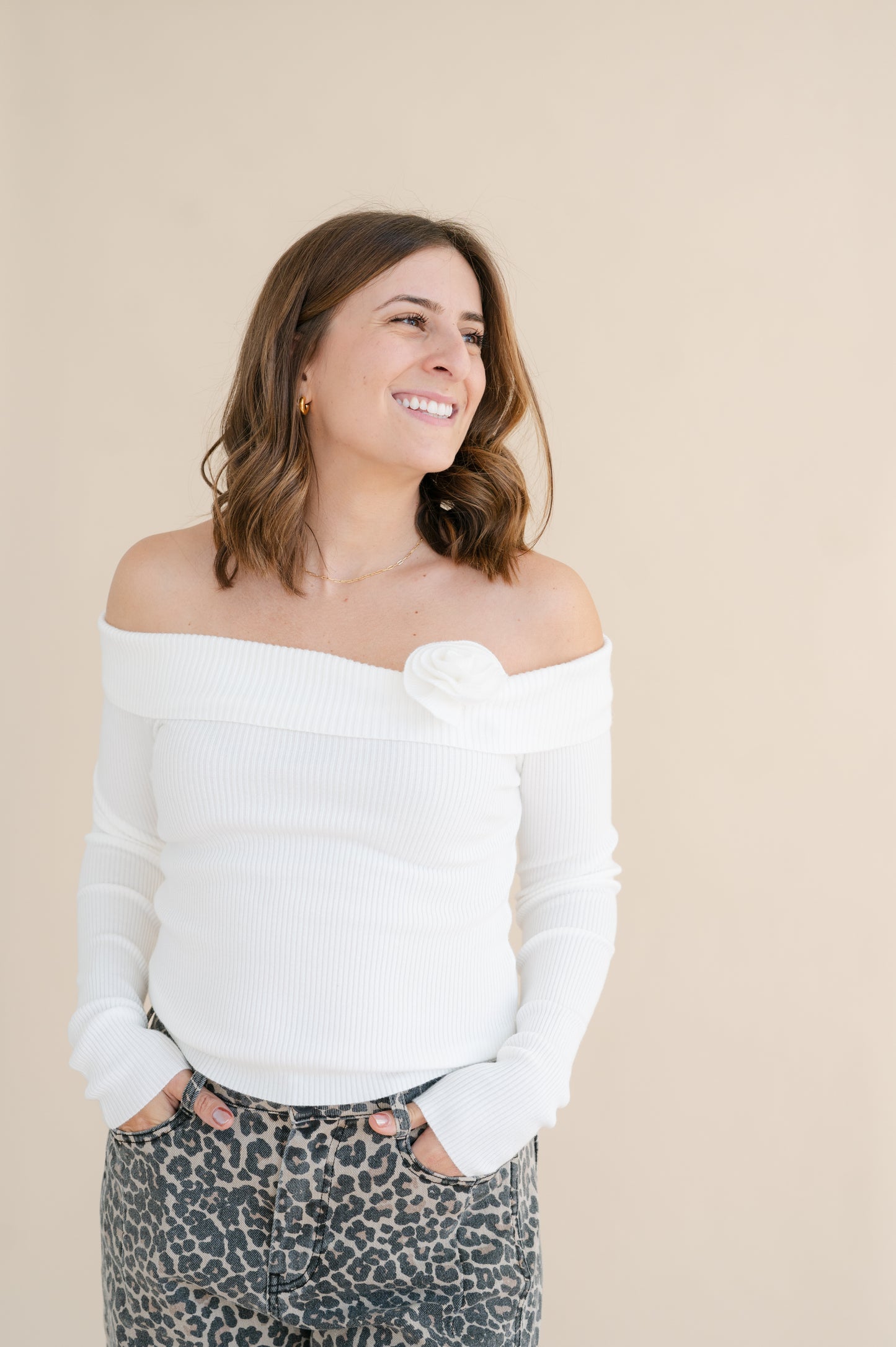 Larissa Off The Shoulder Rosette Sweater