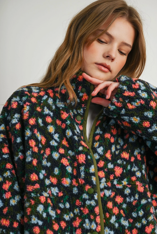 Floral Print Fleece Contrast Trim Jacket