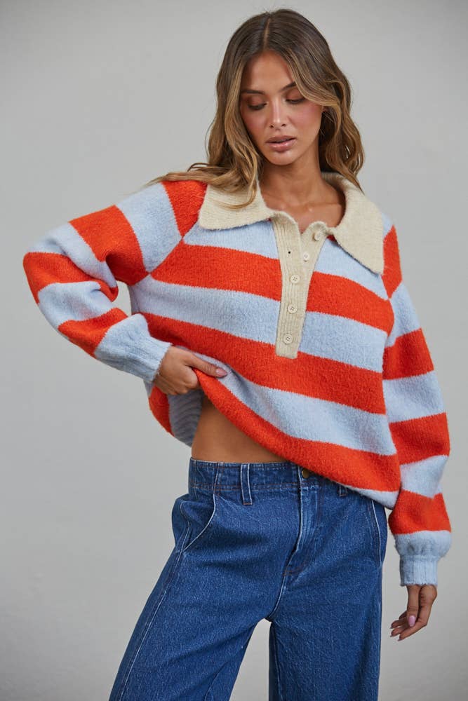 Royce Striped Polo Color Block Henley Sweater