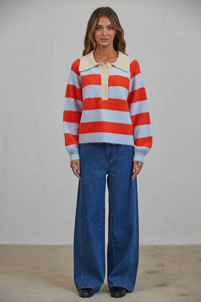 Royce Striped Polo Color Block Henley Sweater