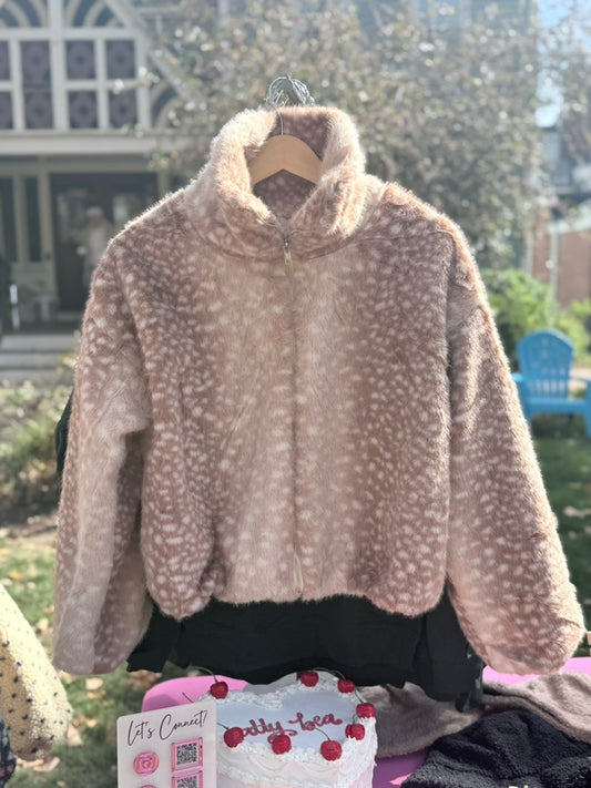 Bambi Print Faux Fur Cropped Jacket