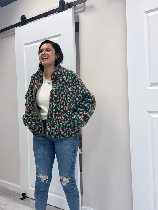 Floral Print Fleece Contrast Trim Jacket