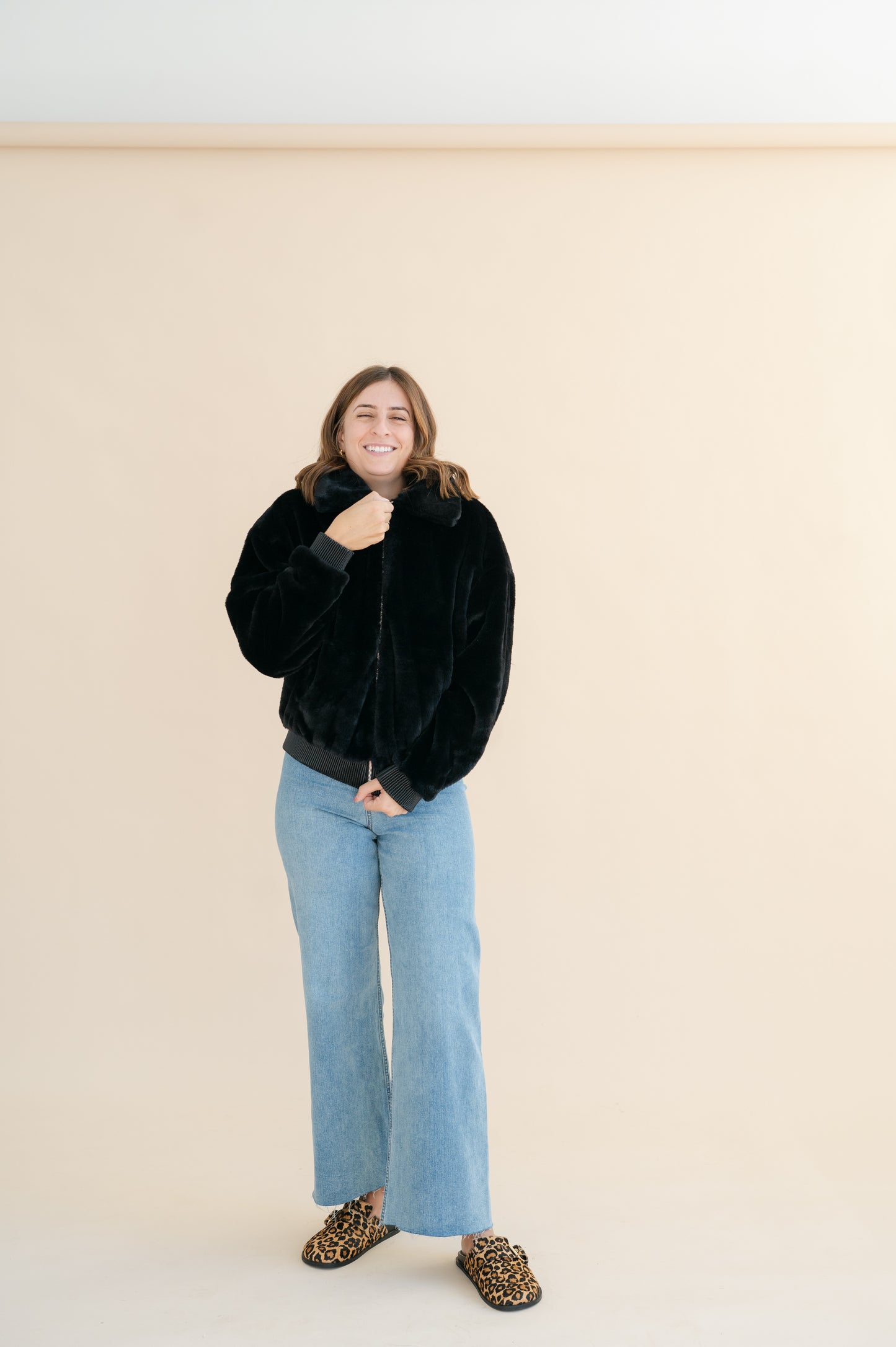 Women's Cropped Faux Fur Bomber Jacket