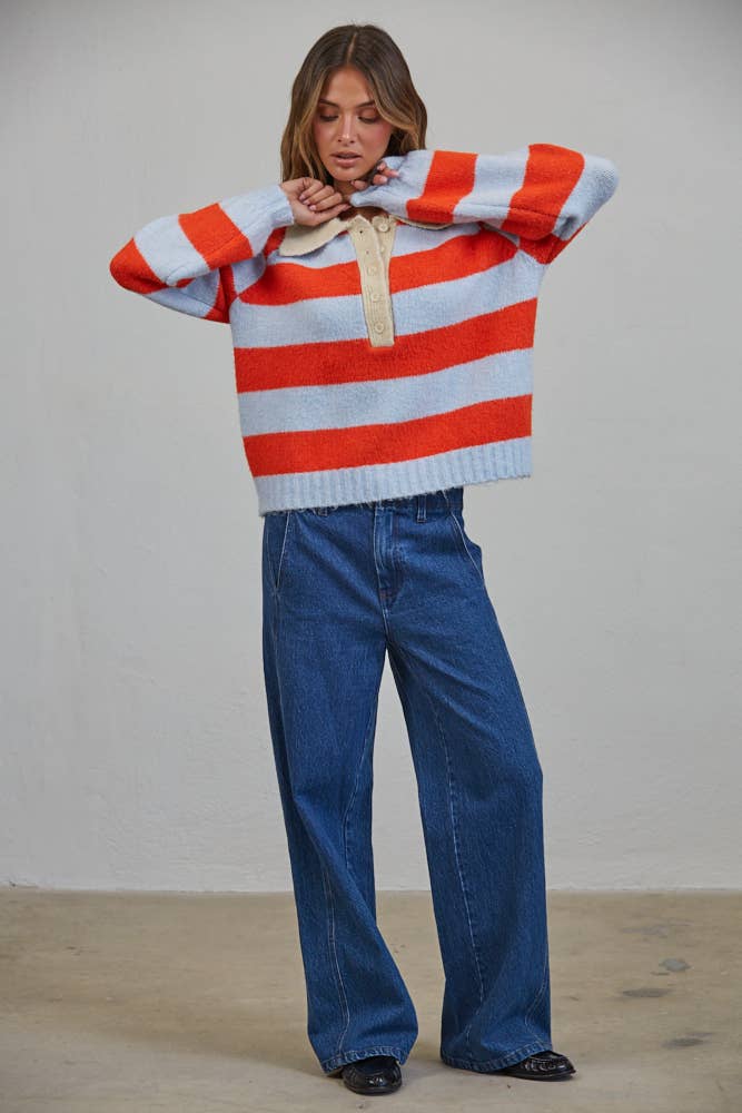 Royce Striped Polo Color Block Henley Sweater