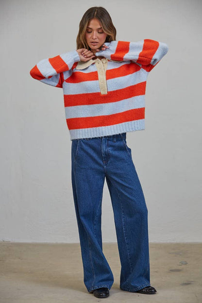Royce Striped Polo Color Block Henley Sweater