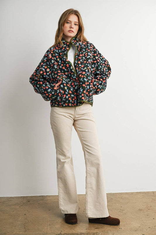 Floral Print Fleece Contrast Trim Jacket